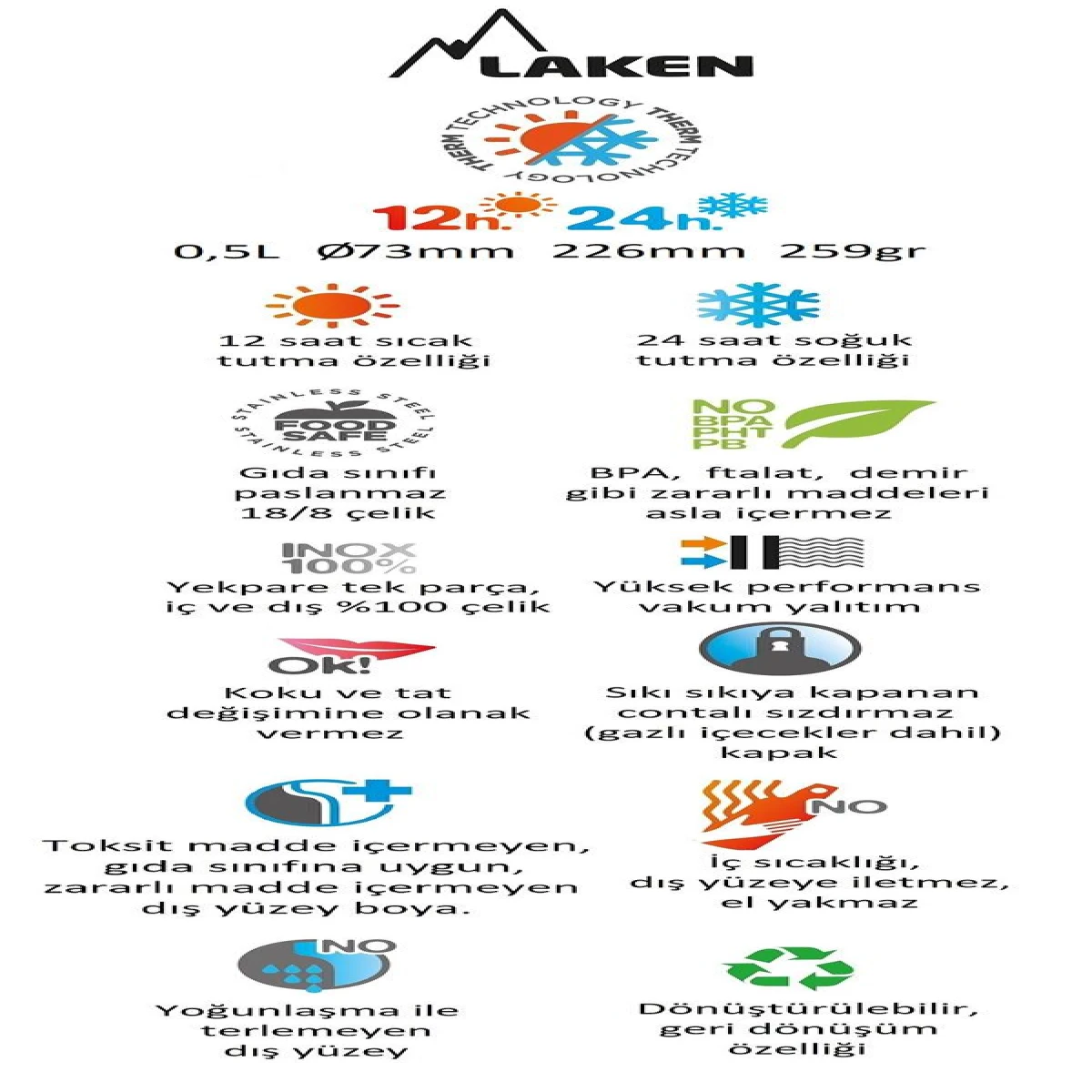 Laken Çelik 18/8 Futura Termos Şişe 0,50L - Mavi - Mavi 0,50L