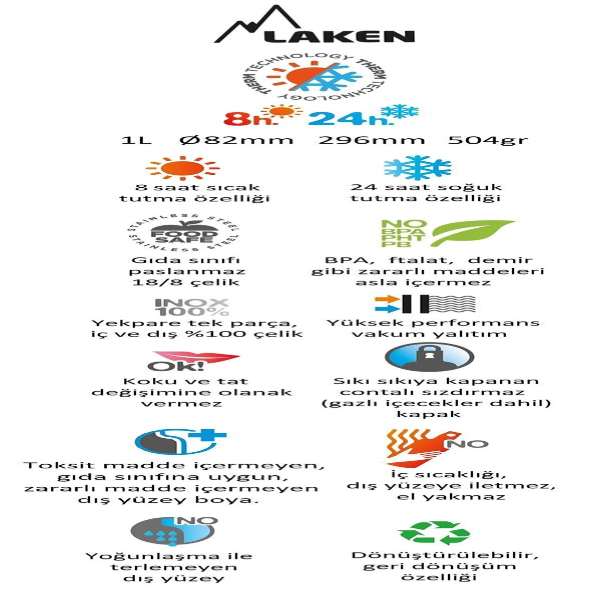 Laken Çelik 18/8 Classic Termos Şişe 1L - Sarı - Sarı 1L