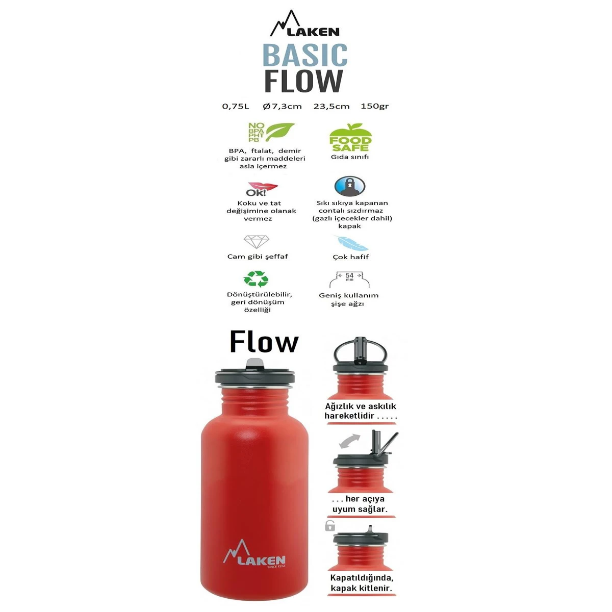 Laken Çelik 18/8 Flow Basic Şişe 0,75L - Siyah