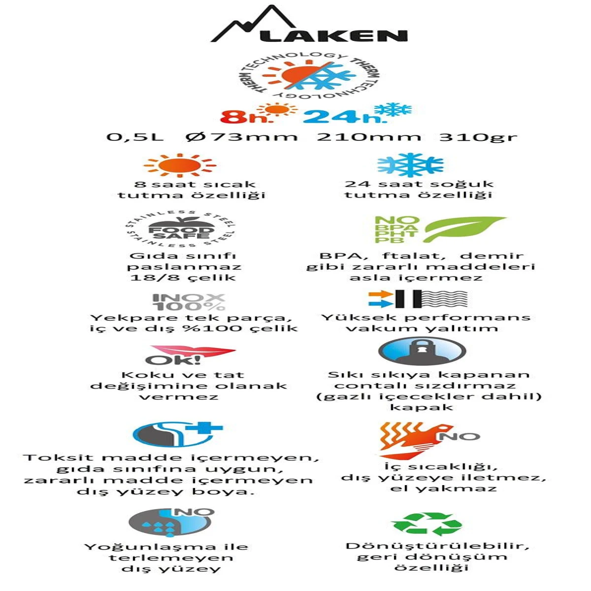Laken Çelik 18/8 Classic Termos Şişe 0,50L - Fuşya - Fuşya 0,50L
